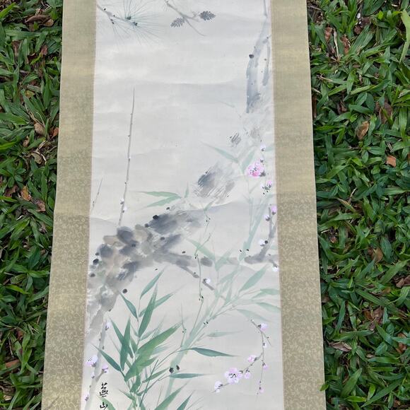 Antique Hanging Scroll Cherry Blossoms Flower Bamboo Leaves Painting Japan - Picture 4 of 11